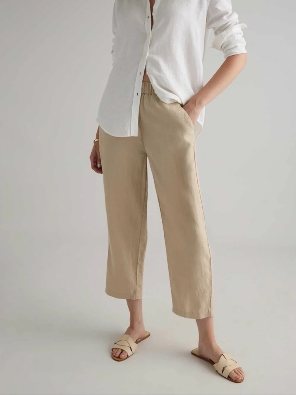 Quince Women's 100% European Linen Tapered Ankle Pants Driftwood M NWT coastal